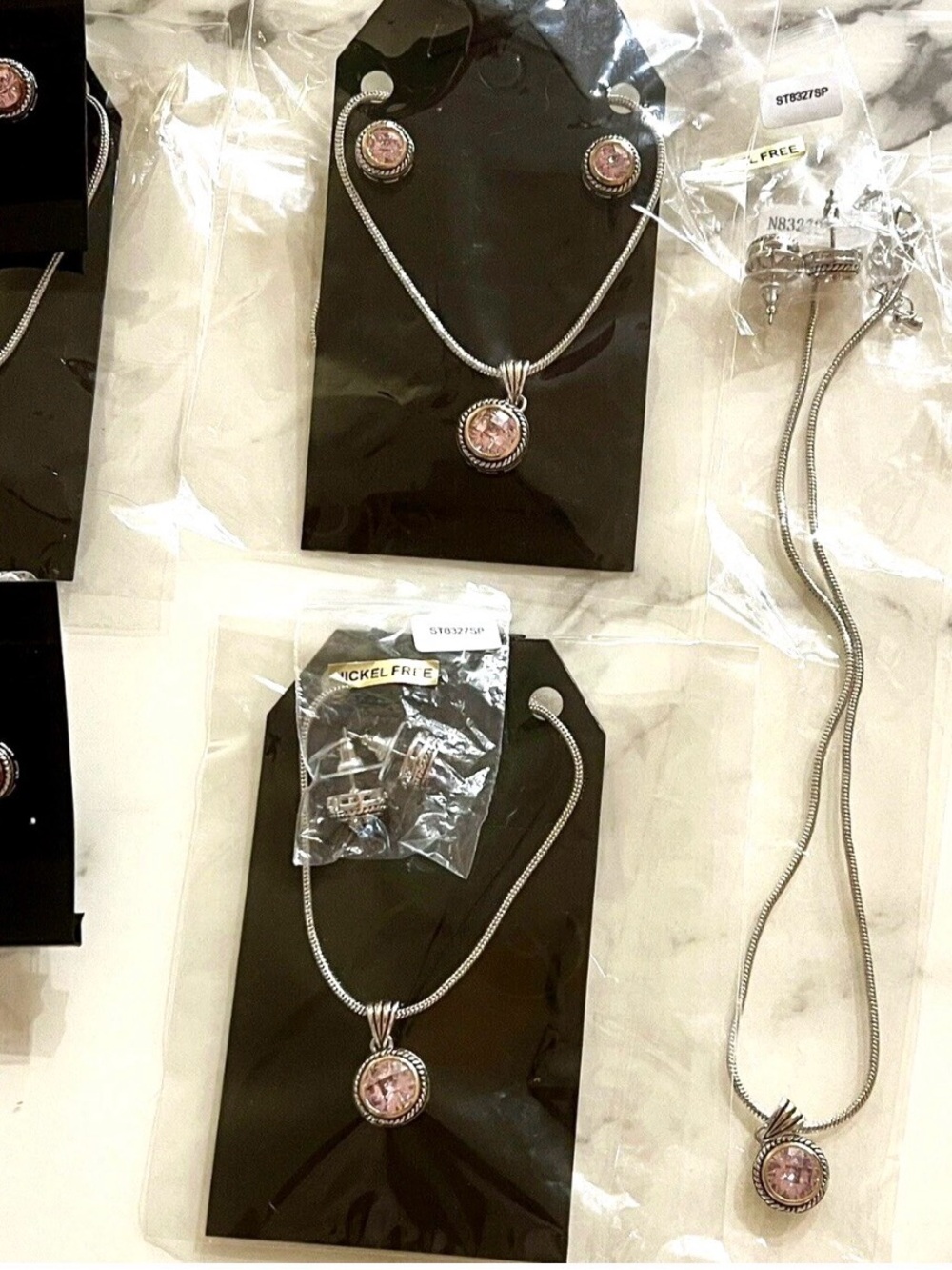 Wholesale Lot (6) Pink CZ Cable Necklace Earrings Sets Rhodium Gold Silver